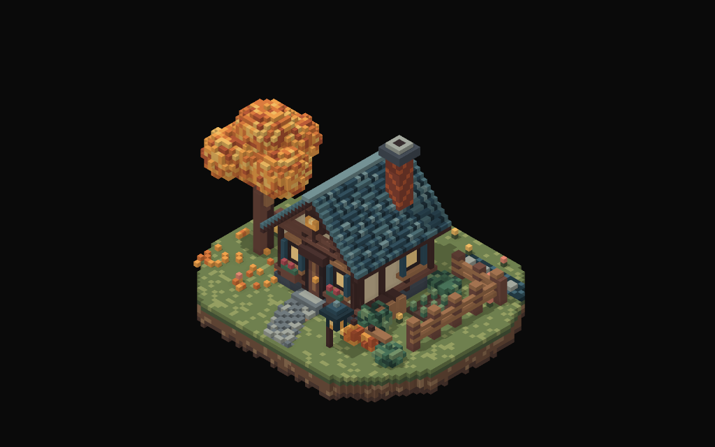 Isometric render of a voxel cottage with an orange autumn tree